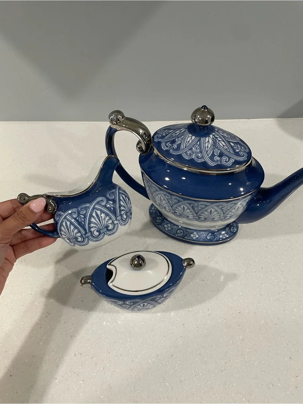 Bombay Blue & White Porcelain Tea Set – Teapot, Creamer & Lidded Sugar Bowl